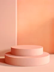 Minimalistic mock up with round podium in peach fuzz color, product presentation concept