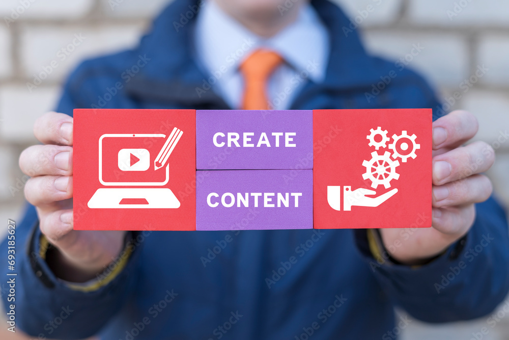 Poster man holding blocks with icons sees inscription: create content. business people use internet technol