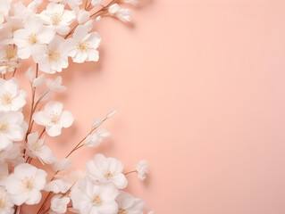 Mock up background in peach fuzz color with free space and spring flowers