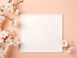 Fototapeta premium Minimalistic white frame mock up with peach fuzz color wall background and flowers