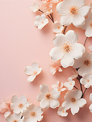 Fototapeta na wymiar Mock up background in peach fuzz color with free space and spring flowers