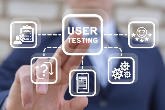 Man using virtual touch interface clicks inscription: USER TESTING. Concept of user testing, experiences and feedback. Process of users test and discuss new app features, software new version.