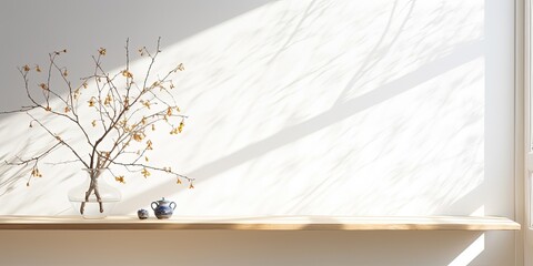 Spring sunlight casting shadows on a tree branch in front of a white wall, wooden table, with space for copying.