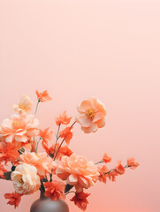 Abstract mock up background with pastel pink flowers and soft peach fuzz color wall with cops space 