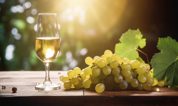 Close up of glass white wine and fresh grapes on a rustic wooden table in natural sunlight bright background with bokeh