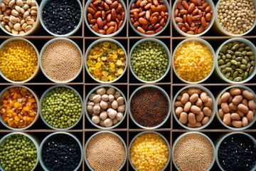 Top view of containers filled with a variety of grains and legumes. The organization and storage in...