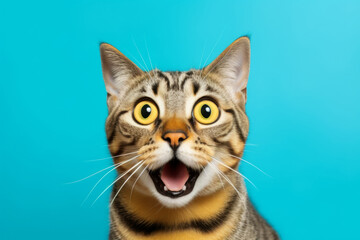 Obraz premium Crazy surprised cat make big eyes. Emotional funny cat looking shocked. Generative AI