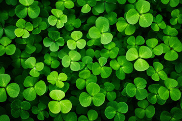 Background with green clover leaves. Shamrock plant in fresh green juicy colors. Generative AI