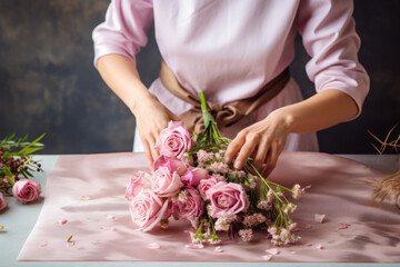 Female florist hands wrapping a fresh bouquet with paper in the flower shop. Generative AI