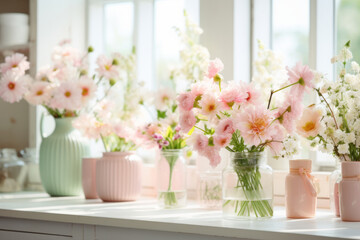 Beautiful spring flowers in ceramic vases on light background. Generative AI