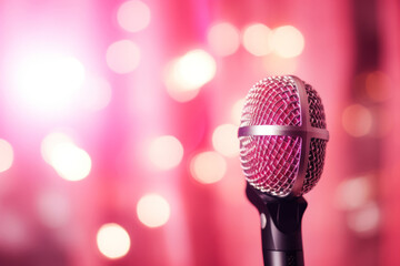 Karaoke on Valentine's Day. Microphone on a concert stage with pink lightning. Generative AI - obrazy, fototapety, plakaty