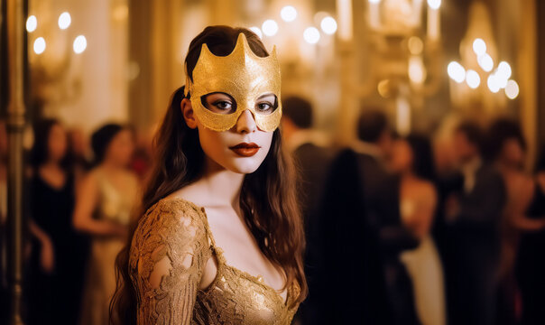 Elegant young woman in a golden masquerade mask at a luxurious ball with blurred guests in the background, embodying mystery and sophistication