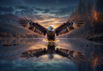 an eagle flies over the lake at night - obrazy, fototapety, plakaty