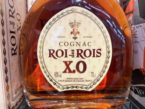 Viersen, Germany - December 9. 2023: Closeup of of bottle label french Cognac Roi de Rois