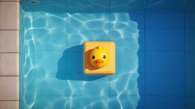  a rubber ducky floating on top of a blue tiled wall next to a swimming pool with a yellow ducky floating on top of a blue tiled wall next to a swimming pool.