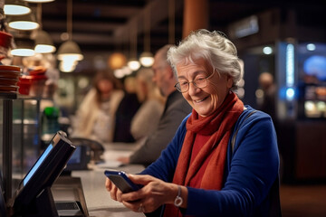 Elderly woman smiling pays for her purchases in store using her smartphone to the payment terminal