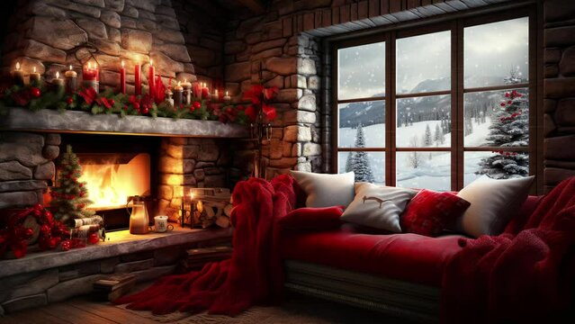 Looped animation of fire in fireplace and snowfall outside window. Cozy Christmas room wit decorations. Festive winter atmosphere. 4k