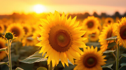 Wide field of sunflowers in summer sunset, panorama blur background. Autumn or summer sunflowers background. Shallow depth of field.