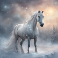 Christmas horse in natural winter forest background.