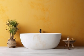 Modern bathroom interior with white tub, table and plants. Empty cinnamon yellow wall for mockup. Promotion background.
