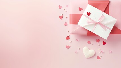 a gift box, gypsophila, heart confetti, an invitation envelope, against a pastel beige background with ample space for text, exudes love and simplicity.