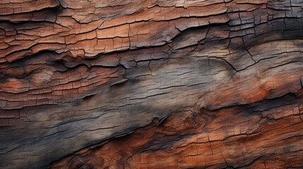 Fototapeta premium a close up of a tree trunk with a brown and black pattern on the bark and the top of the tree trunk with a bird perched on top of the tree trunk.