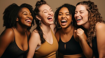 close up photo of Happy, body positive diverse women in studio with perfect skincare and glowing skin wearing lingerie on beige background - obrazy, fototapety, plakaty