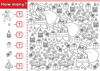 Counting game for kids. Math game. How many Christmas objects. Count the Santa Claus, Xmas trees, candy canes, New Year gifts. Educational worksheet for children. Vector outline. Perfect for coloring.