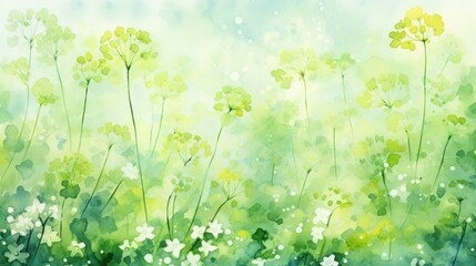  a painting of green and white flowers on a blue and green background with white daisies in the foreground and a blue sky in the background with white dots.