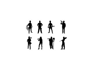 Set of Construction Worker Silhouette in various poses isolated on white background