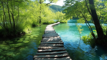 Beautiful wooden path trail for nature trekking with lakes and waterfall landscape