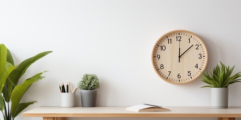 Image of wooden work desk with black and gold clock and green plant in front of white wall.