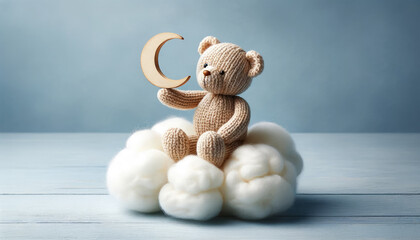 Kids bear holding a wooden moon, floating on a cloud against a pale blue background - obrazy, fototapety, plakaty