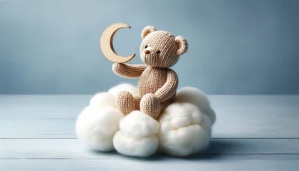 Keuken spatwand met foto Kids bear holding a wooden moon, floating on a cloud against a pale blue background © All Creative Lines
