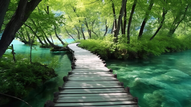 Beautiful wooden path trail for nature trekking with lakes and waterfall landscape © Nate