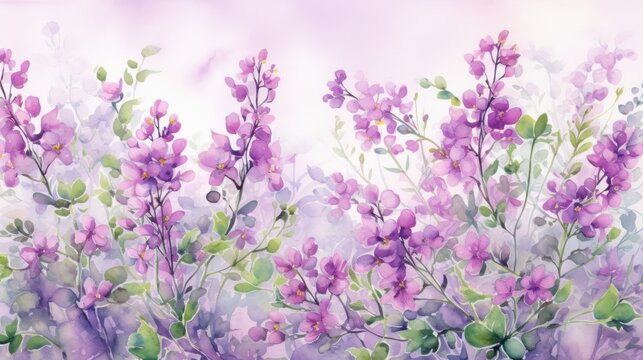  a painting of a bunch of purple flowers on a white and purple background with green leaves and purple flowers in the middle of the frame and bottom right corner of the picture.
