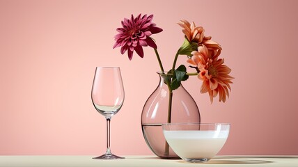 glasses and fresh flowers in a minimalist modern style, balances the purity of glassware with the beauty of fresh blooms, creating an aesthetically pleasing scene.