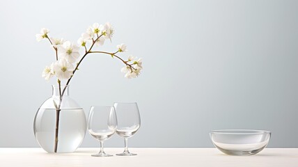 glasses and fresh flowers in a minimalist modern style, balances the purity of glassware with the beauty of fresh blooms, creating an aesthetically pleasing scene. - obrazy, fototapety, plakaty