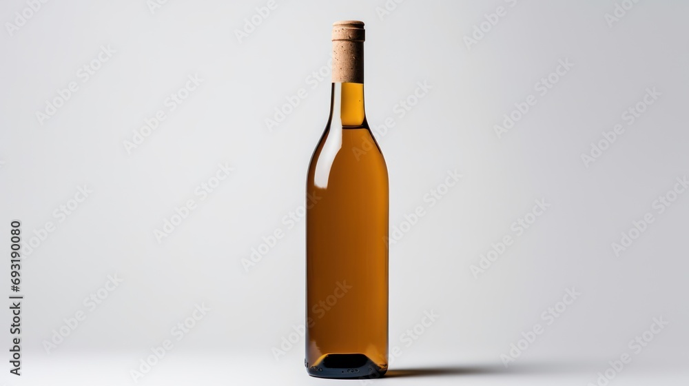 Canvas Prints  a close up of a bottle of wine on a white background with a light reflection on the bottom of the bottle and the top half of the bottle with a cork.