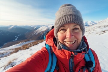 Traveler influencer taking selfie during travel in winter season backpack on alps mountain comeliness - obrazy, fototapety, plakaty