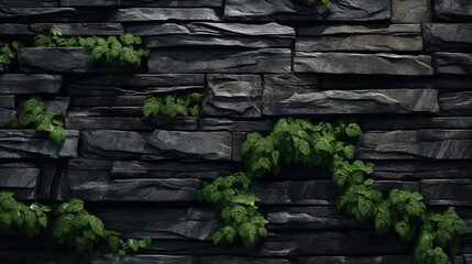 The stone wall's surface showcases a textured black rock