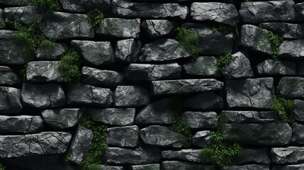 The stone wall's surface showcases a textured black rock