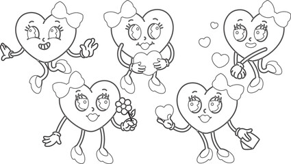 VECTOR Trendy retro cartoon heart characters. groovy, vintage, 70s 60s style, black and white, lineart