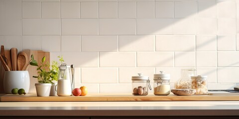 Fototapeta na wymiar Morning sunlight illuminates a stylish kitchen counter with white ceramic tiles, empty space, and kitchen equipment.