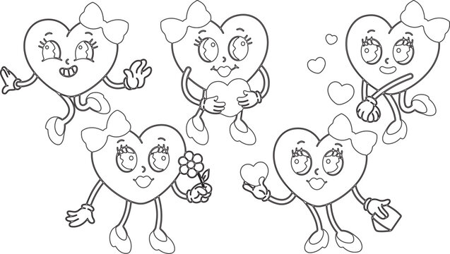 VECTOR Trendy retro cartoon heart characters. groovy, vintage, 70s 60s style, black and white, lineart