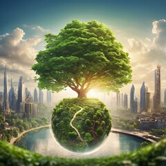 Sustainable environment concept. The image depicts human thinking towards preserving nature, reducing carbon footprint and building sustainable urban community for green future. - obrazy, fototapety, plakaty