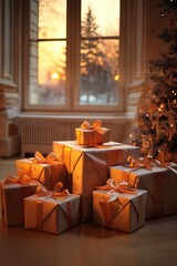 Obraz premium Christmas tree decorated for New Year's holiday in living room interior, with gifts and balls, dark, night, winter season