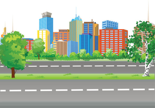 Vector illustration representing the main street view of a modern city with trees and high buildings.
