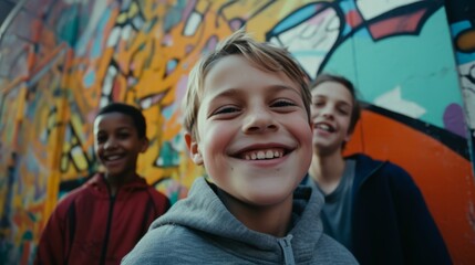 Happy multiracial children posing in front of a wall with graffiti - Powered by Adobe