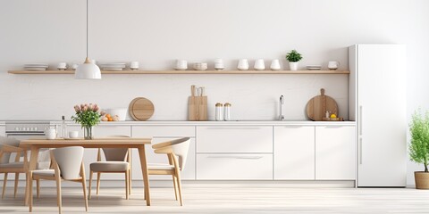 Minimalistic of a Scandinavian white kitchen with wooden and white details.